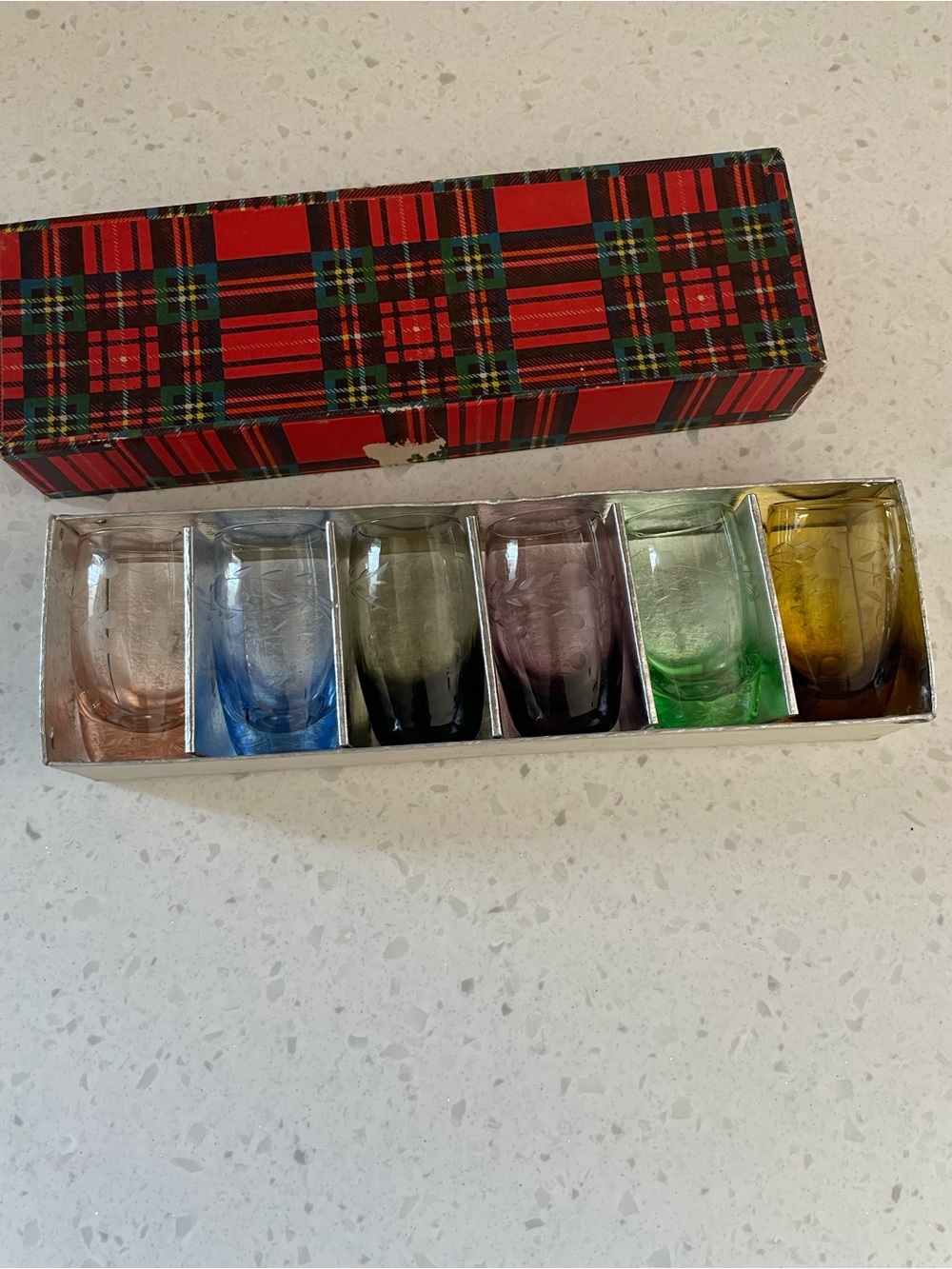 Vintage Etched Shot Glass Set - 6 Multicolor Glasses with Box MCM Bar Party